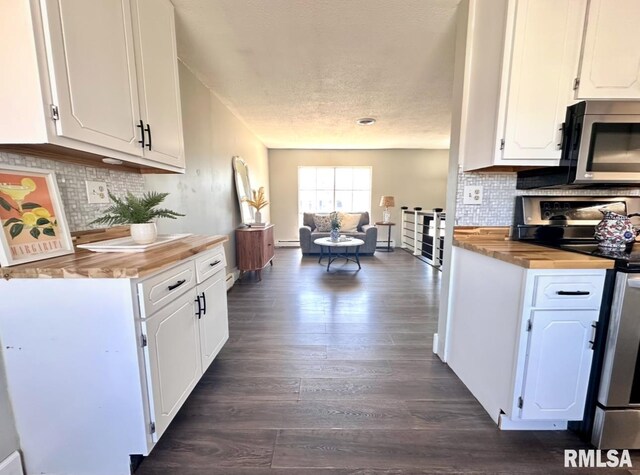 506 Timothy Ln, Carterville, IL 62918 - kitchen with wooden counters, stainless steel appliances, dark wood finished floors, white cabinets, and decorative backsplash