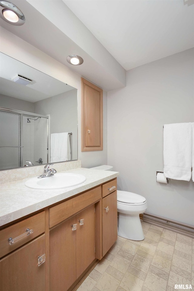 full bathroom featuring toilet, visible vents, a shower stall, and vanity