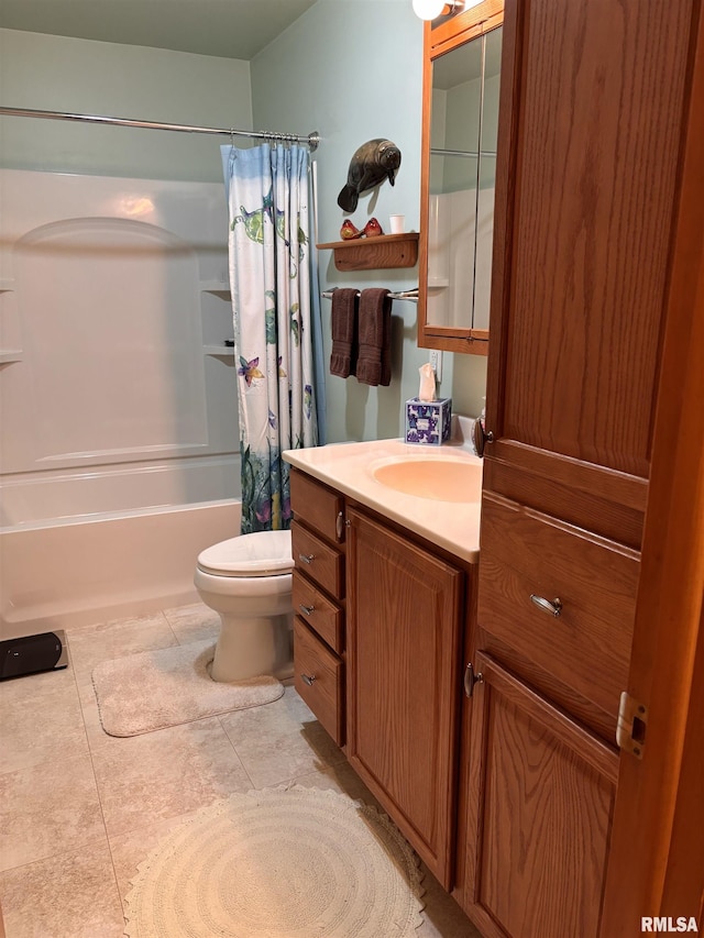 bathroom with shower / tub combo with curtain, vanity, toilet, and tile patterned floors