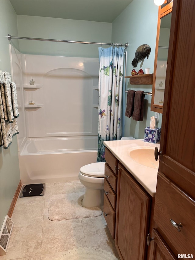 bathroom featuring toilet, vanity, visible vents, tile patterned floors, and shower / bathtub combination with curtain