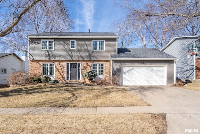 colonial-style house with a garage, concrete driveway, brick siding, and a front lawn