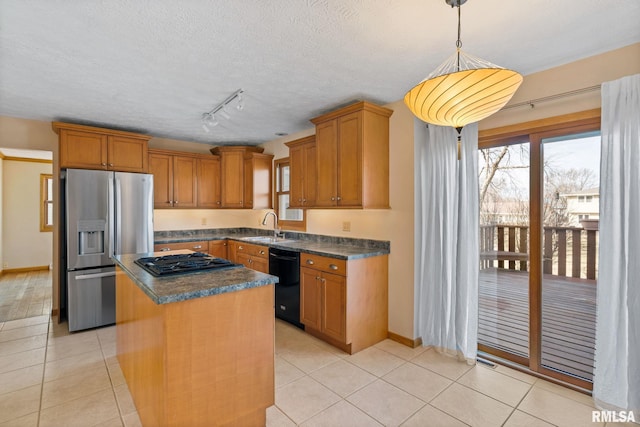 kitchen with black dishwasher, light tile patterned floors, stainless steel refrigerator with ice dispenser, and dark countertops