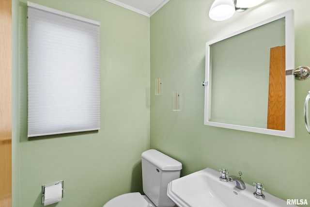 half bathroom with toilet, ornamental molding, and a sink