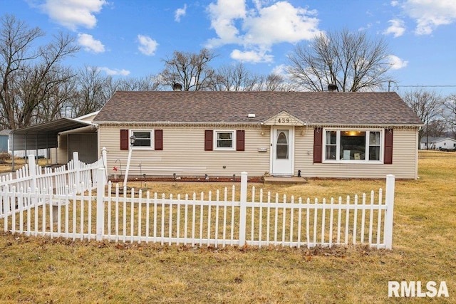 single story home with driveway, a front lawn, a fenced front yard, and a shingled roof