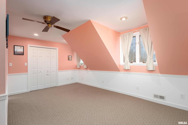 bonus room featuring ceiling fan, baseboards, visible vents, and recessed lighting