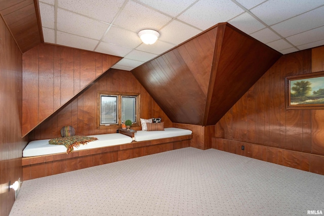 bathroom featuring vaulted ceiling and wood walls