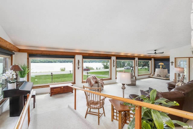 interior space with light colored carpet, vaulted ceiling, and a textured ceiling