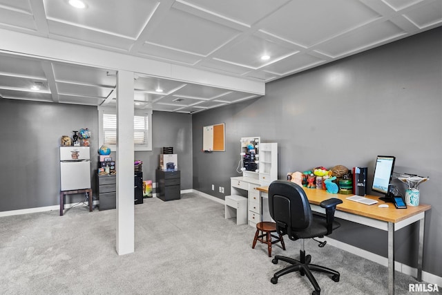 carpeted home office featuring coffered ceiling and baseboards