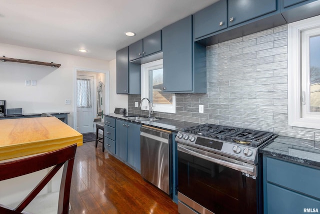 kitchen with a sink, appliances with stainless steel finishes, and blue cabinetry