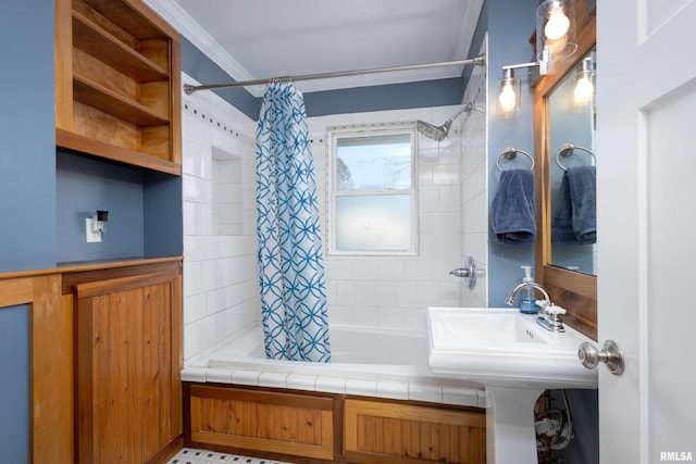 full bathroom with shower / bath combo and ornamental molding