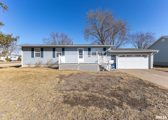 single story home featuring a front yard, a garage, covered porch, and driveway