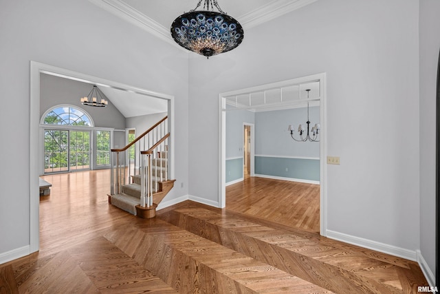 2 S Shore Ln, Rapids City, IL 61278 - foyer with a chandelier, crown molding, and stairs