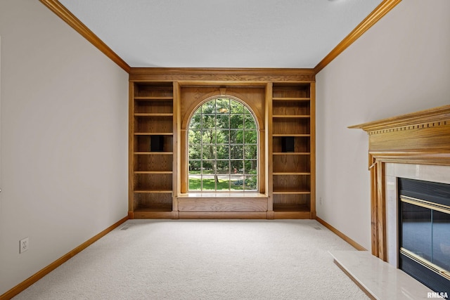2 S Shore Ln, Rapids City, IL 61278 - unfurnished living room with crown molding, carpet flooring, a fireplace, and built in shelves