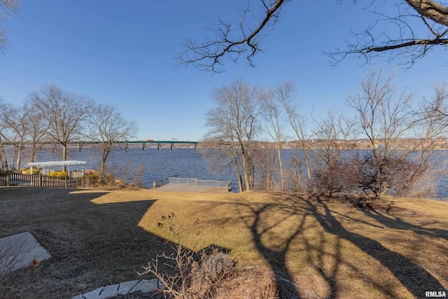 view of yard with a water view and a boat dock