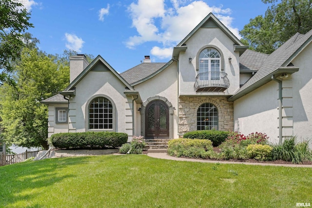 2 S Shore Ln, Rapids City, IL 61278 - french provincial home with french doors, stucco siding, stone siding, and a chimney