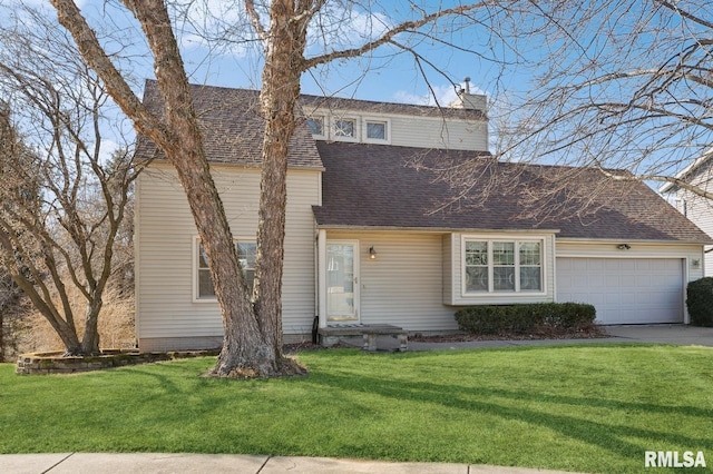 view of front of home featuring a chimney, a shingled roof, concrete driveway, an attached garage, and a front lawn