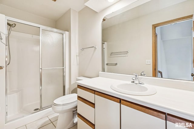 full bath featuring tile patterned flooring, a shower stall, toilet, and vanity