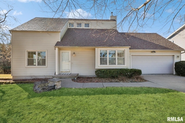 view of front of house with a garage, a shingled roof, a chimney, and a front lawn