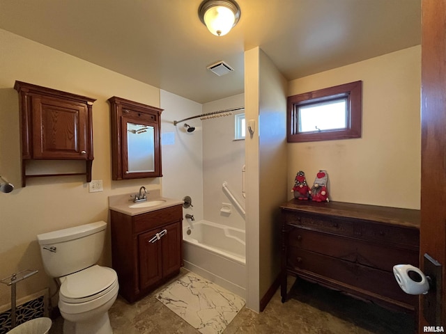 full bathroom featuring toilet, bathing tub / shower combination, vanity, visible vents, and marble finish floor