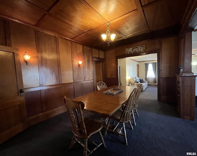 dining area featuring dark colored carpet, wooden ceiling, coffered ceiling, and wood walls