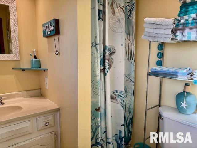 full bathroom with curtained shower, vanity, and toilet