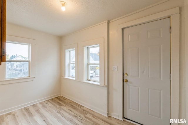 foyer entrance with plenty of natural light, baseboards, light wood-type flooring, and a textured ceiling