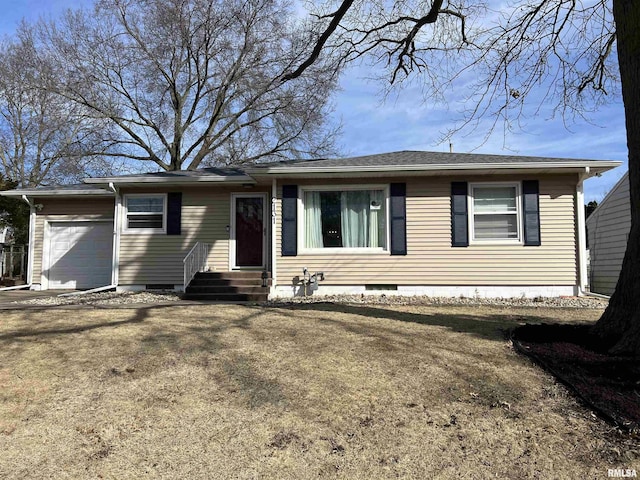 ranch-style house with entry steps, an attached garage, driveway, and crawl space