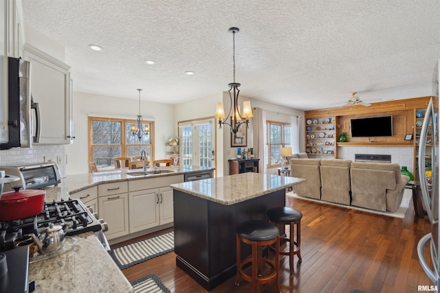 kitchen featuring dark wood finished floors, a kitchen island, stainless steel appliances, and a sink