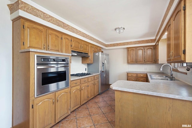 kitchen featuring a sink, stainless steel appliances, tasteful backsplash, and under cabinet range hood