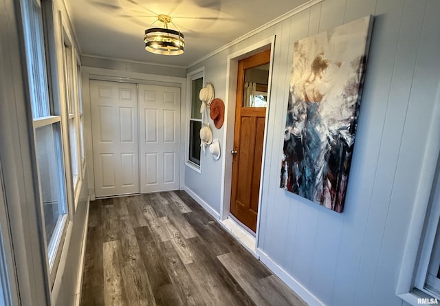 entryway featuring dark wood-style floors, baseboards, and ornamental molding