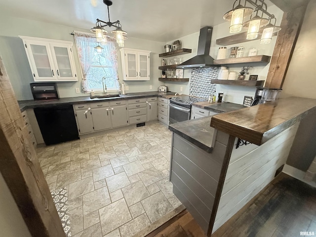 kitchen featuring dark countertops, island exhaust hood, stainless steel electric range oven, and open shelves