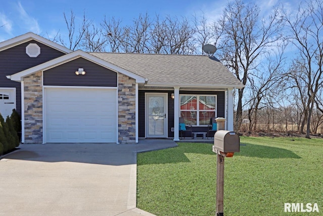 view of front facade featuring a front lawn, roof with shingles, a garage, stone siding, and driveway