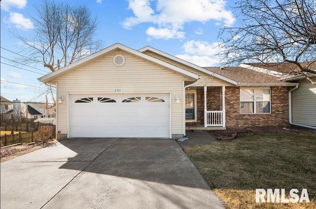 single story home featuring fence, an attached garage, concrete driveway, a front lawn, and brick siding