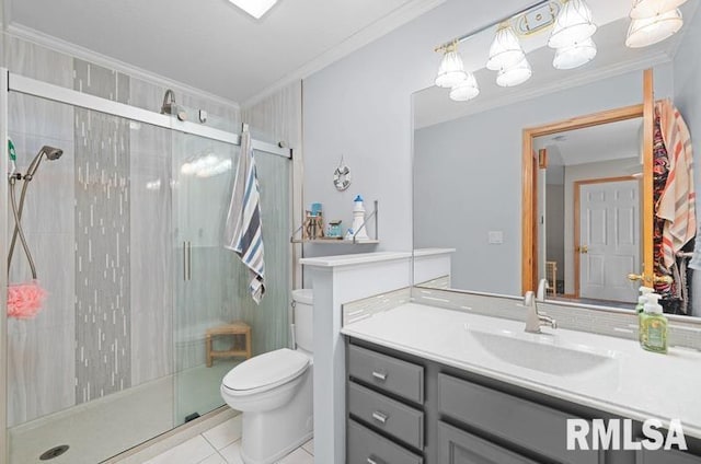 bathroom featuring a shower stall, toilet, and ornamental molding