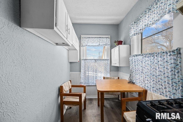 dining room with wainscoting, a textured ceiling, wood finished floors, and a textured wall