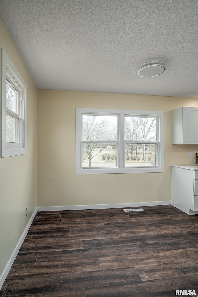 empty room featuring a wealth of natural light, a textured ceiling, dark wood-style floors, and baseboards
