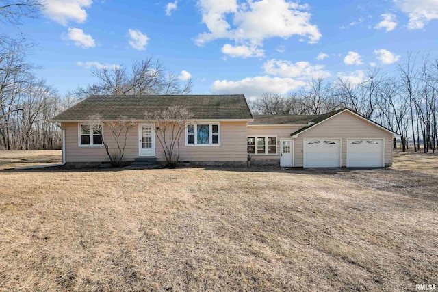 view of front of property with crawl space, a front lawn, and roof with shingles