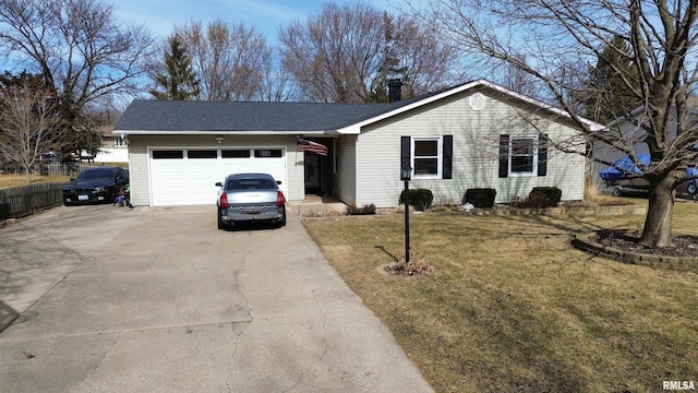 single story home featuring a garage, a front lawn, driveway, and fence