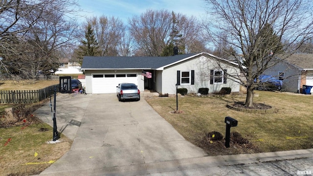 single story home featuring a garage, concrete driveway, a front yard, and fence