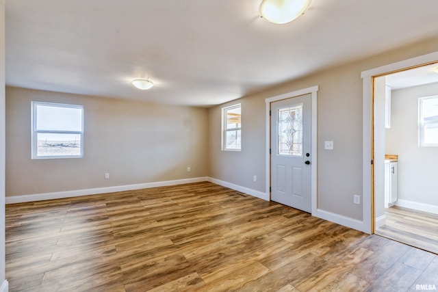 entryway with baseboards and wood finished floors