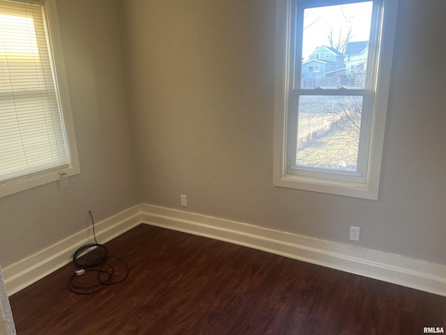 empty room featuring dark wood-style floors and baseboards