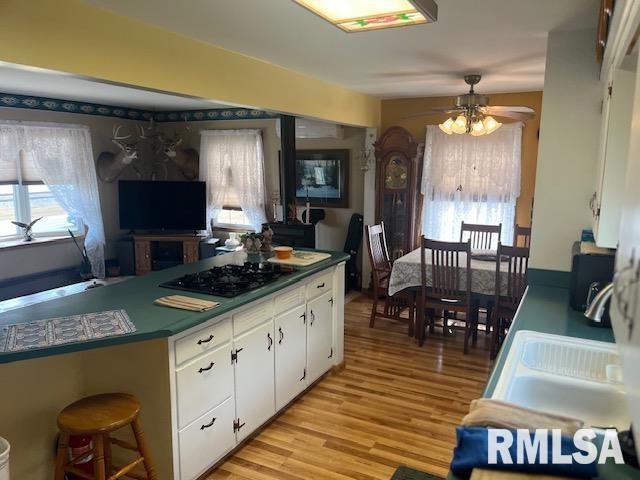 kitchen with a ceiling fan, light wood finished floors, a sink, white cabinetry, and black gas stovetop