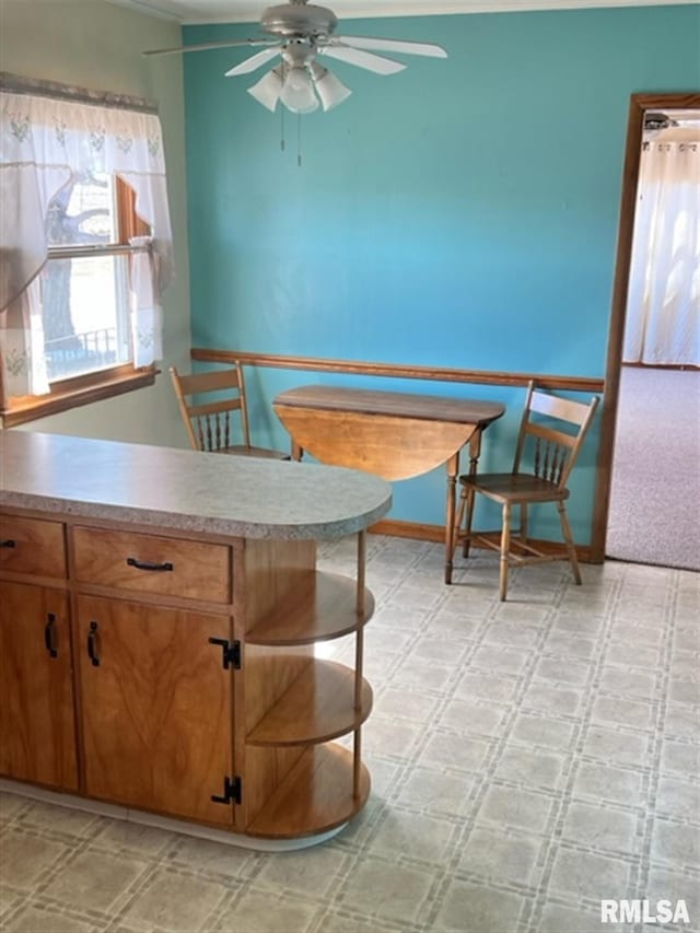 dining room with light floors, baseboards, and ceiling fan