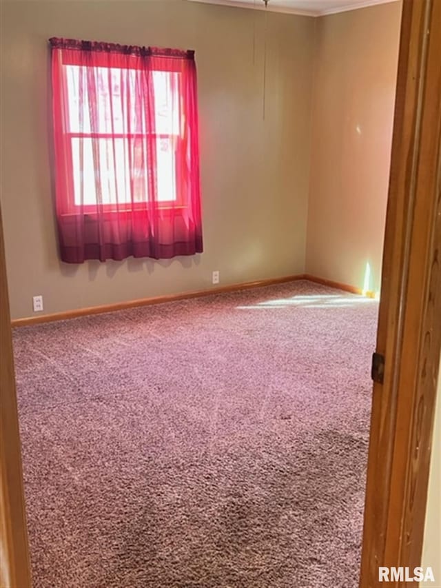 carpeted spare room with baseboards and ornamental molding