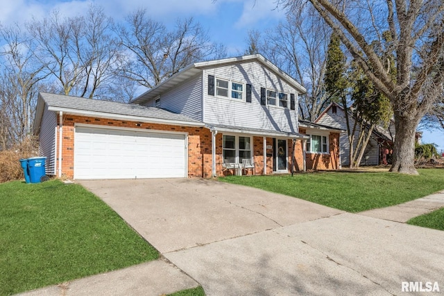 view of front of house featuring a garage, driveway, brick siding, and a front yard