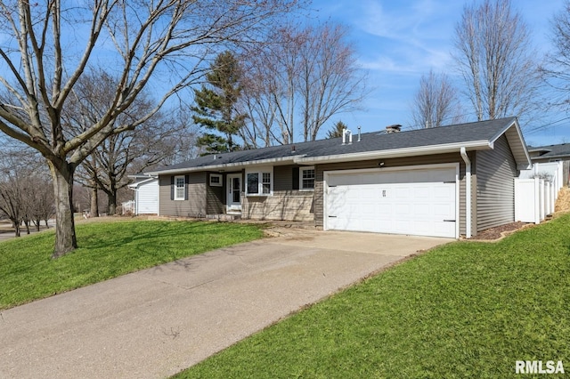 ranch-style house with a garage, driveway, and a front lawn