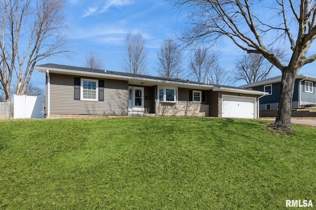 ranch-style home with a front lawn, an attached garage, fence, and driveway