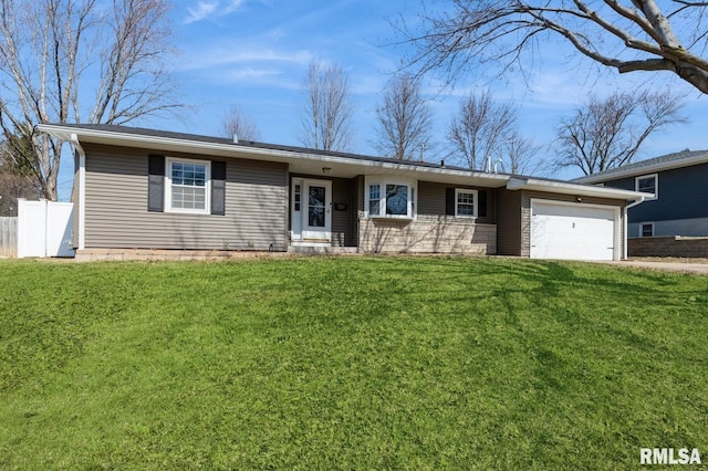 ranch-style home featuring driveway, a front lawn, an attached garage, and fence