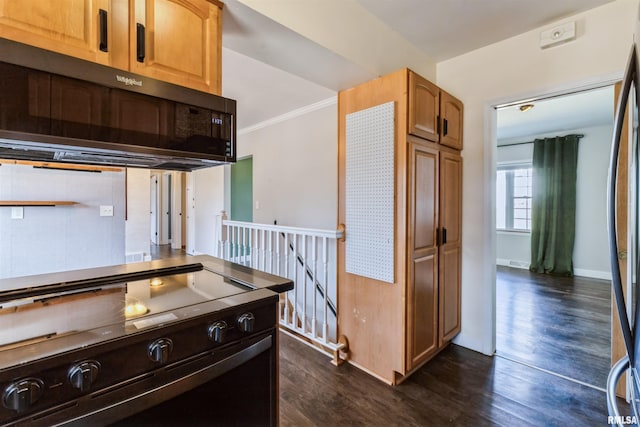 kitchen featuring dark wood-style floors, baseboards, electric range, freestanding refrigerator, and crown molding