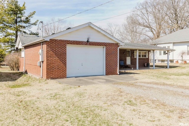 ranch-style house with an attached garage, brick siding, dirt driveway, and roof with shingles